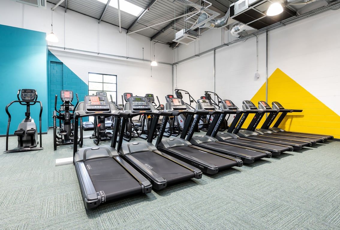 PureGym Stockport North: Rows of treadmills, colourful geometric wall art, industrial ceiling in fitness studio.