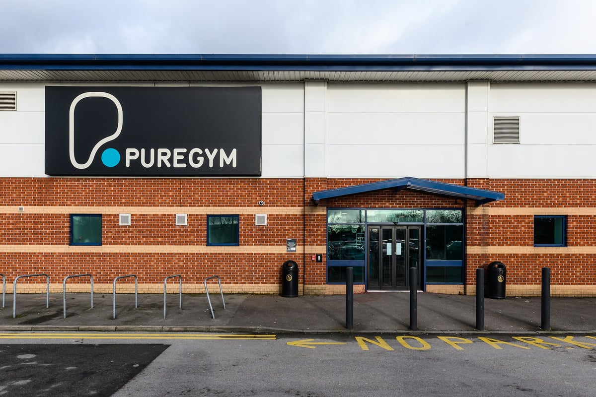 PureGym Mansfield: Pure Gym building exterior with entrance canopy, parking spaces in front.