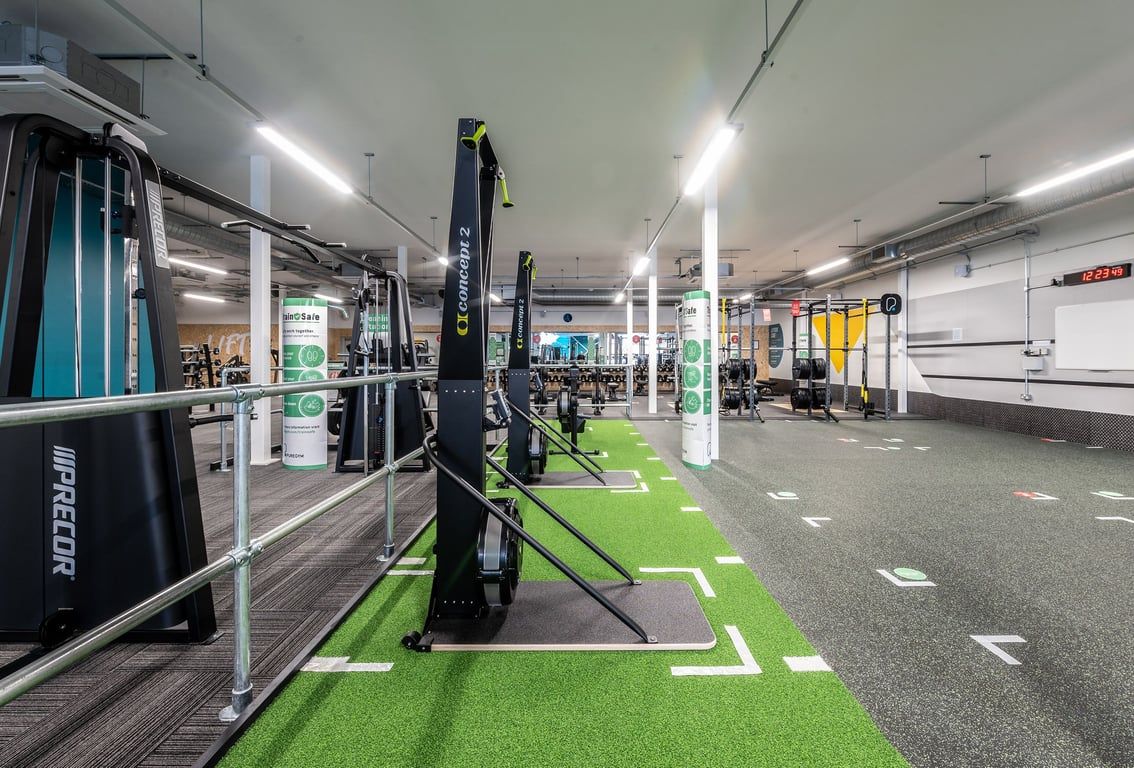 PureGym Bournemouth Mallard Road Retail Park: Free weights, resistance machines, green turf area and mirrored walls.