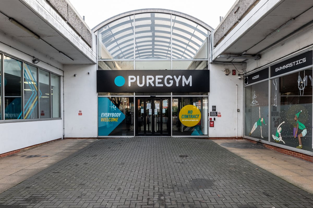 PureGym Purley: Entrance facade of a PureGym fitness club with glass frontage and branding signage.