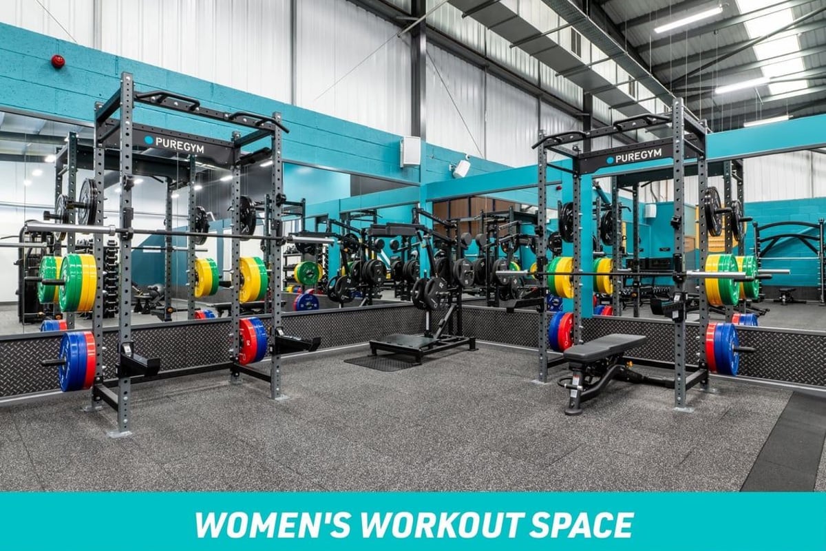 PureGym Wolverhampton South Women's Workout Space: Squat racks and standing calf raise rack