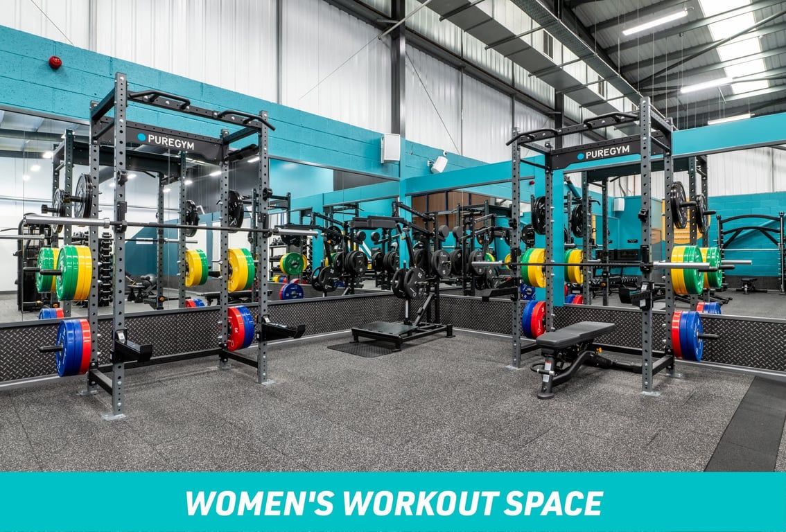 PureGym Wolverhampton South Women's Workout Space: Squat racks and standing calf raise rack