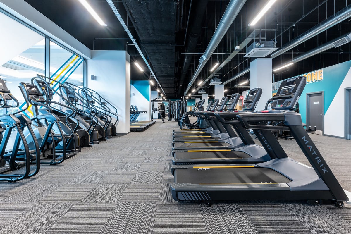 PureGym Hatfield: Rows of treadmills, cross-trainers, and stationary bikes in a modern gym interior.