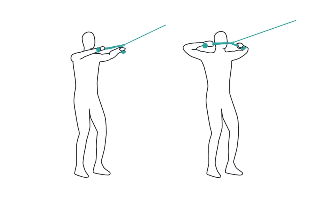 Two figures demonstrating archery stance and bow drawing technique with a bowstring pulled