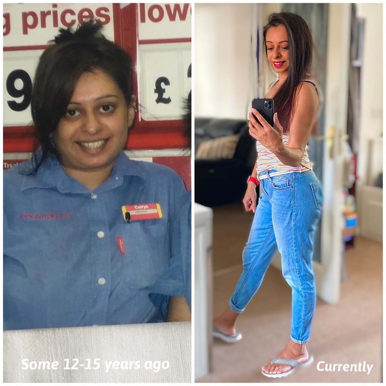 Woman in blue work uniform smiling and woman in casual clothes taking a mirror selfie