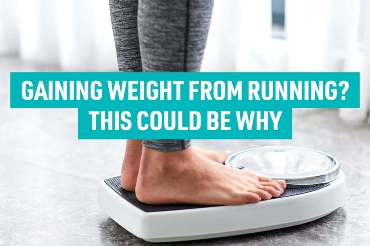 Bare feet standing on a weighing scale with text about gaining weight from running.