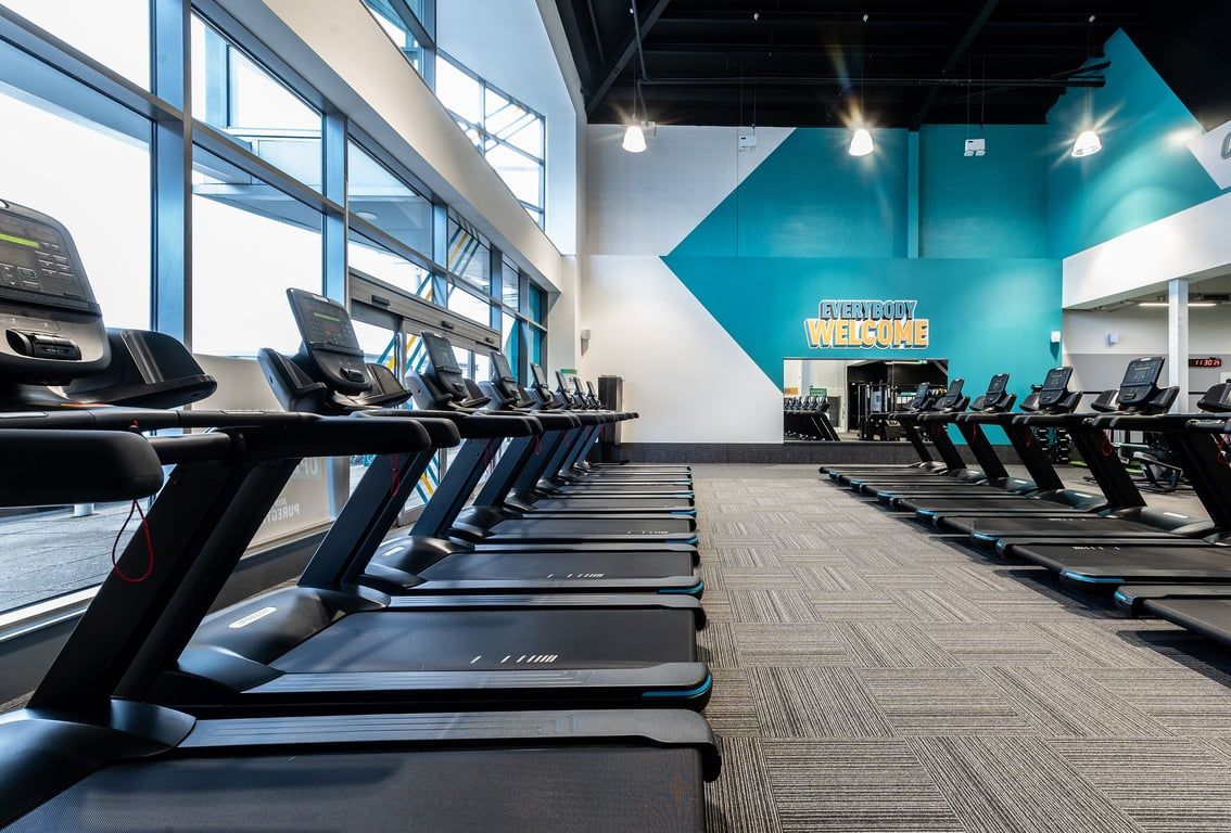 PureGym Edinburgh Craigleith Retail Park: Rows of treadmills line a bright gym area with turquoise accent wall.