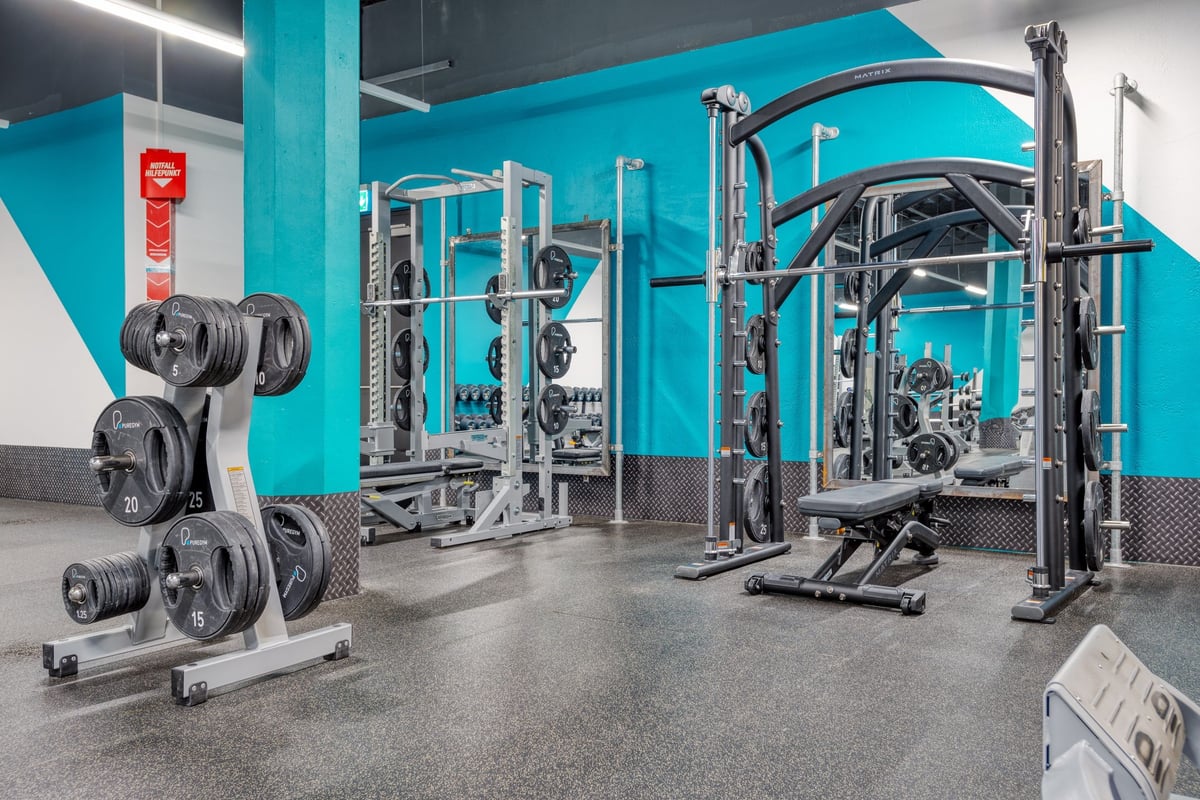 PureGym Bachenbülach : zone de musculation avec des supports de squat, des bancs de musculation et des