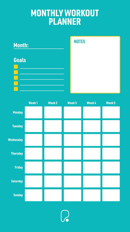 Monthly workout planner with goals, notes, and weekly boxes for each day of the week.