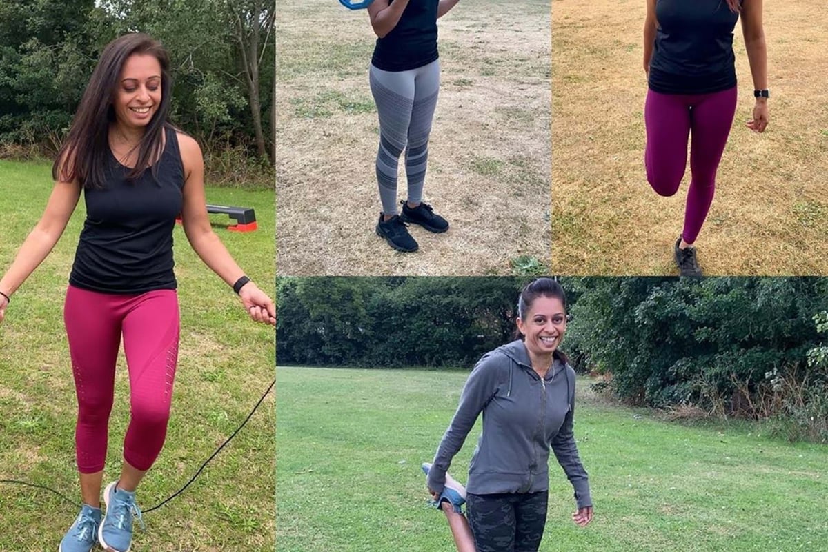 Woman exercising outdoors with jump rope, weights, and stretching in four scenes