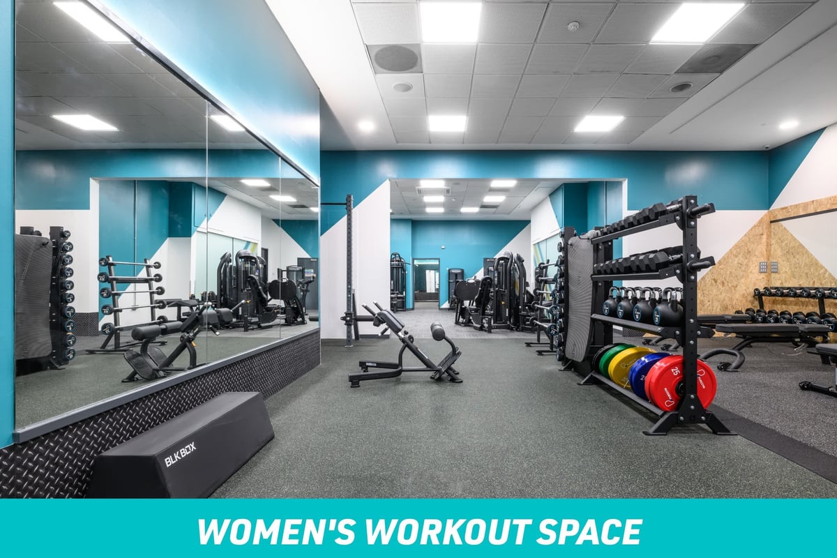 PureGym Staines Women's Workout Space: stretch area with functional equipment, large mirror, BLK box