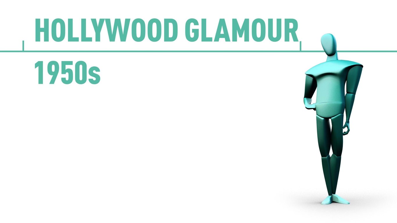 Hollywood Glamour 1950s text with a stylised turquoise mannequin figure on white backgroun