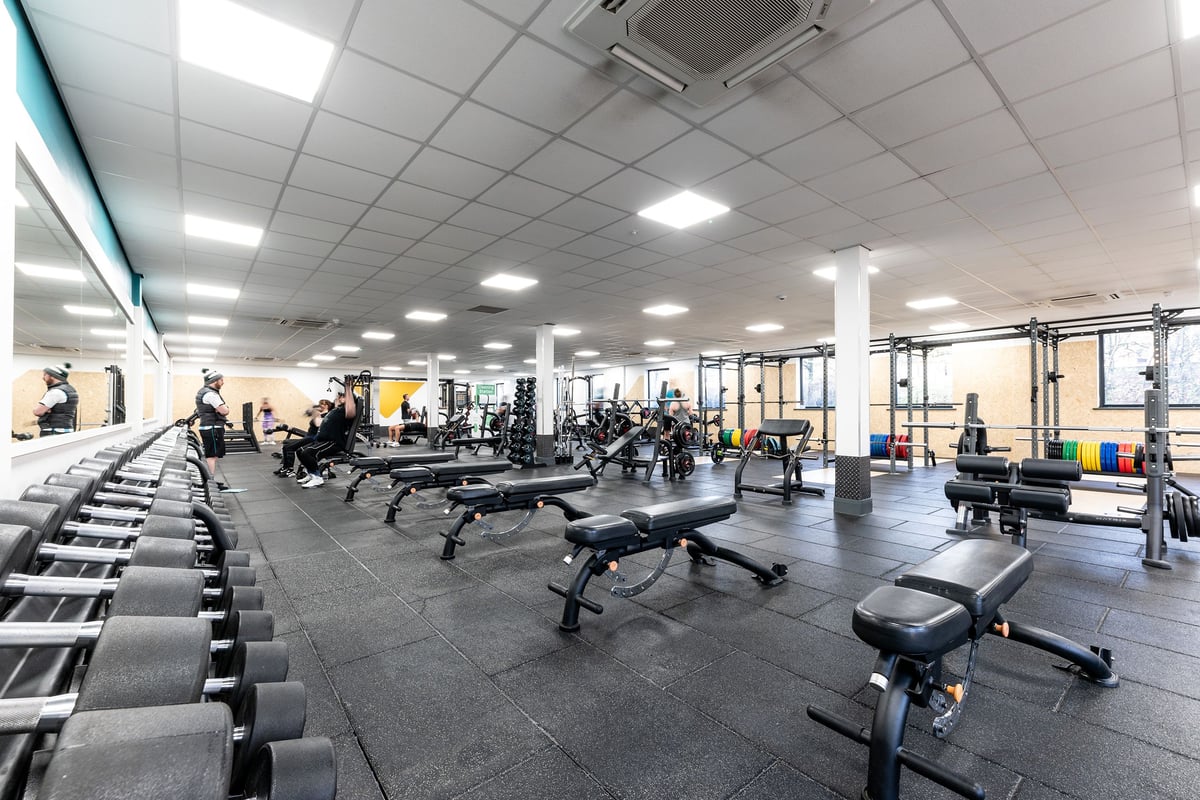 PureGym Livingston: Weight benches, squat racks, free weights, and rubberized flooring in a gym setting.