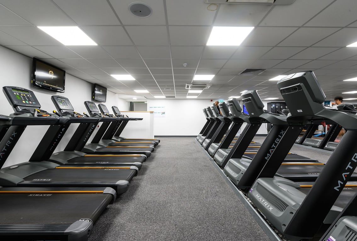 PureGym Burnham: Rows of treadmills and other cardio machines in a well-lit fitness centre.