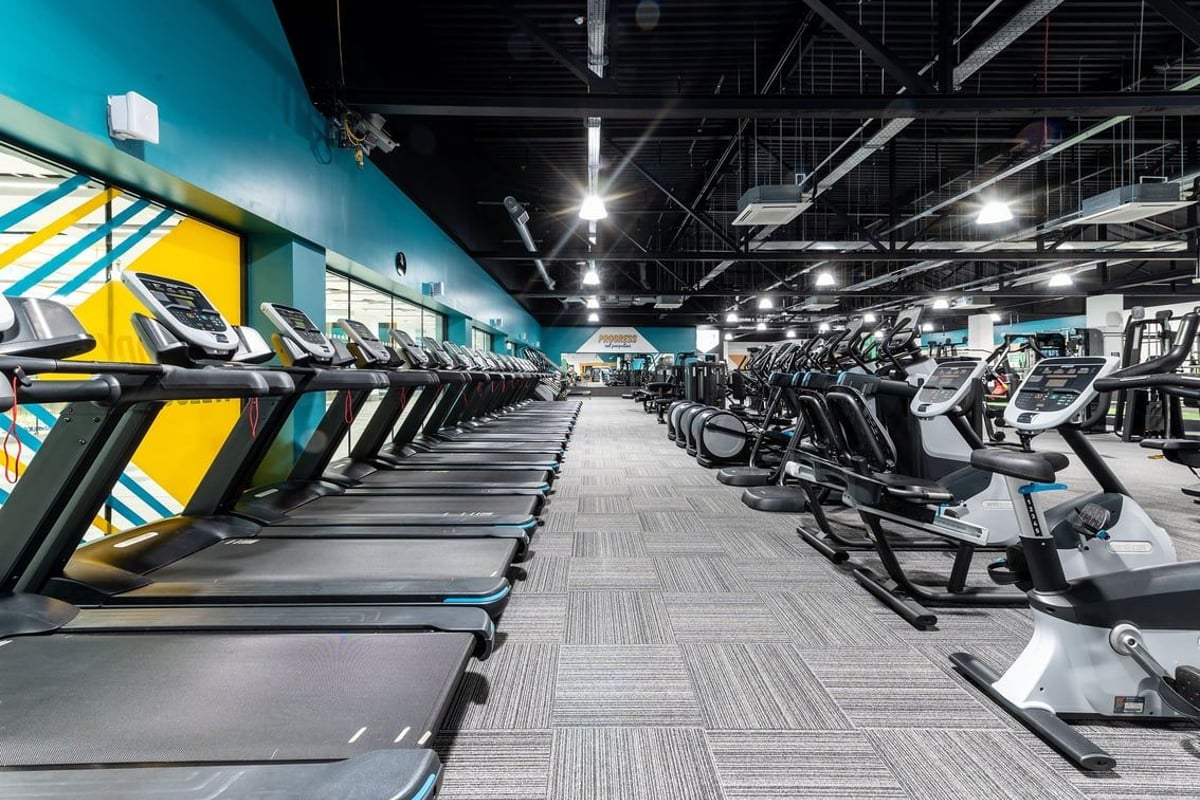 PureGym Bracknell: Rows of treadmills and ellipticals in a brightly lit gym with blue and yellow decor.