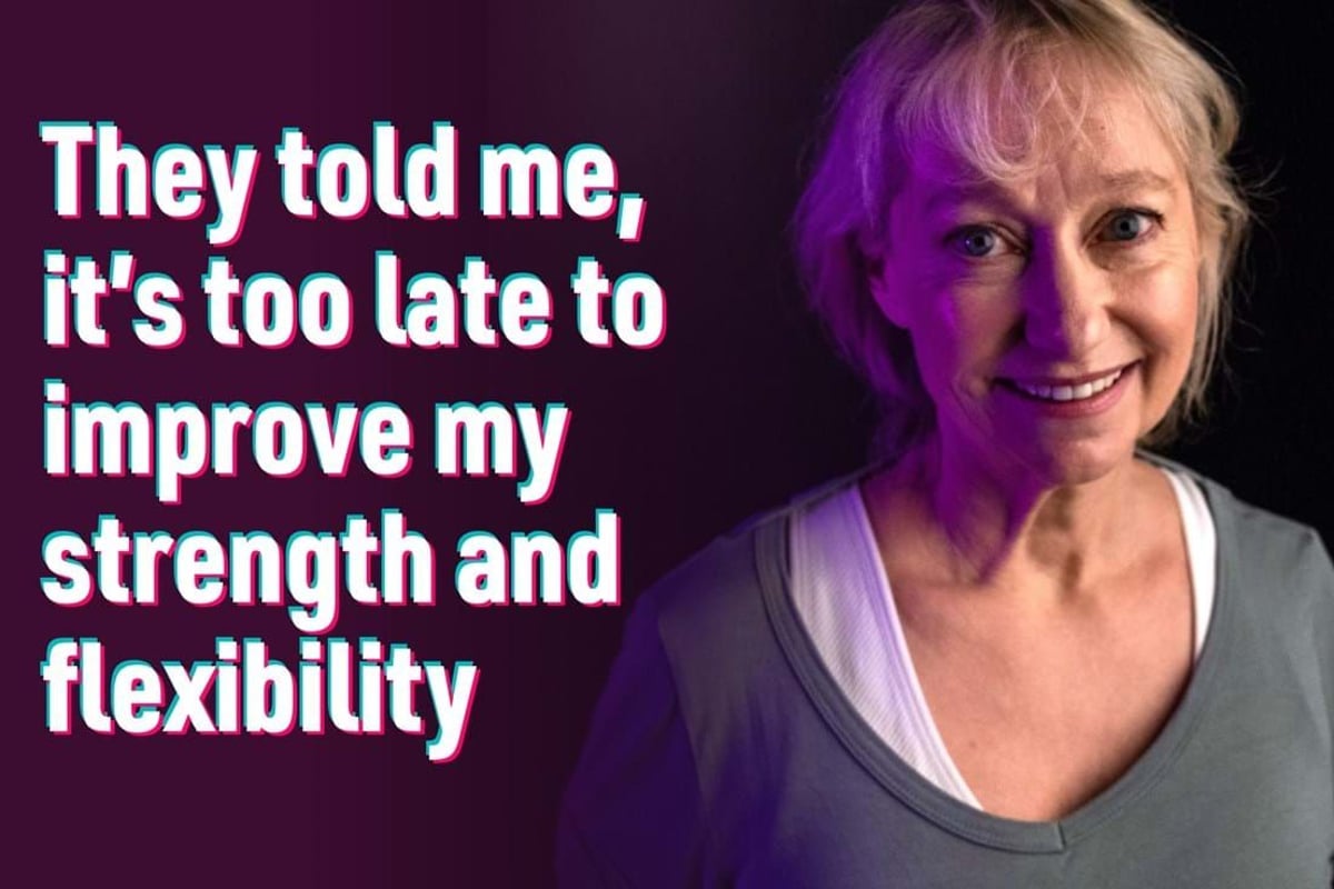 Smiling older woman with short blonde hair against a dark background with text.