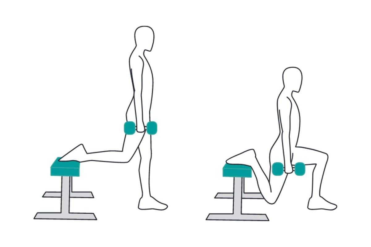 Person performing Bulgarian split squat with back foot on bench and dumbbells in hands.