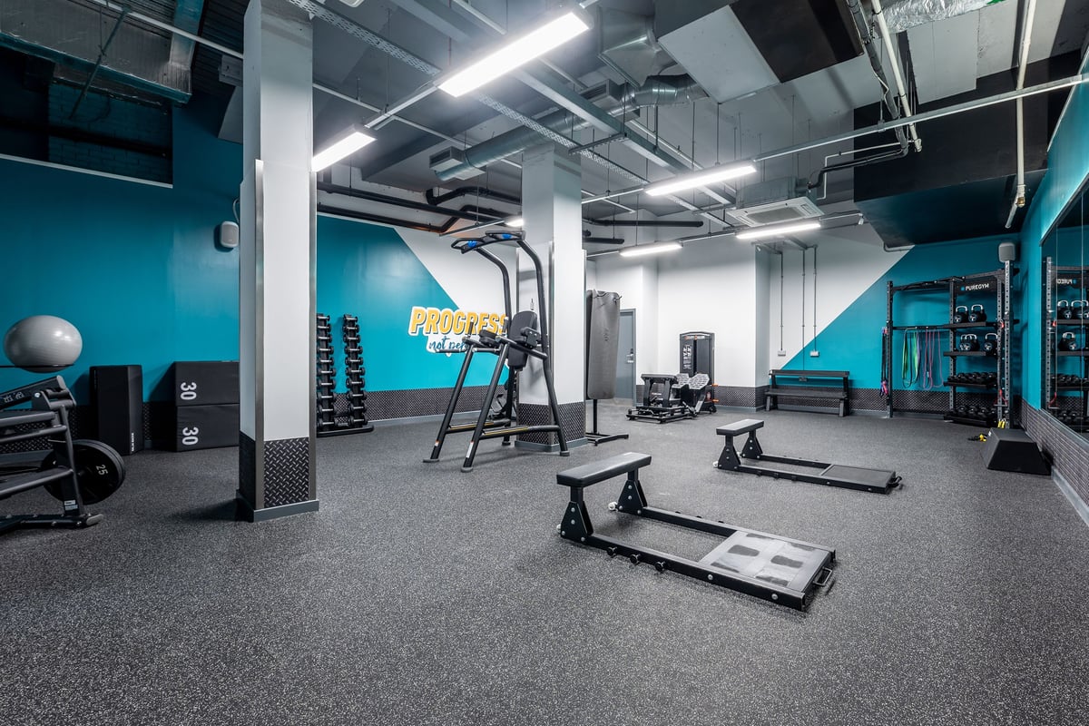 PureGym Newcastle Eldon Garden: Gym studio with weight racks, benches, kettlebells, treadmills and rubberised flooring.