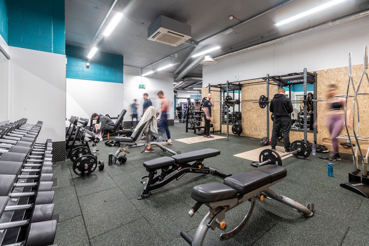 PureGym Walton-on-thames: Weight racks, benches, dumbbells, barbells, and rubberized flooring in a gym setting.