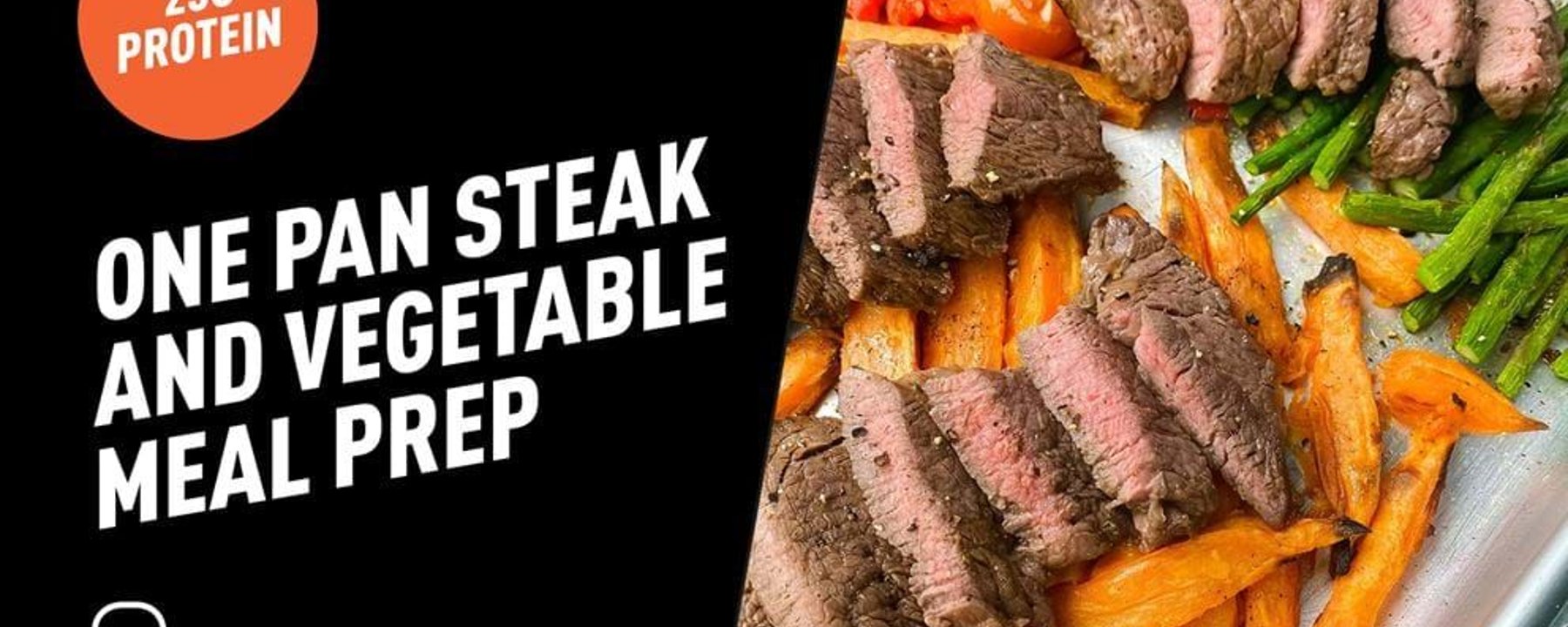 Sliced steak, roasted carrots, green beans, and cherry tomatoes on a baking tray