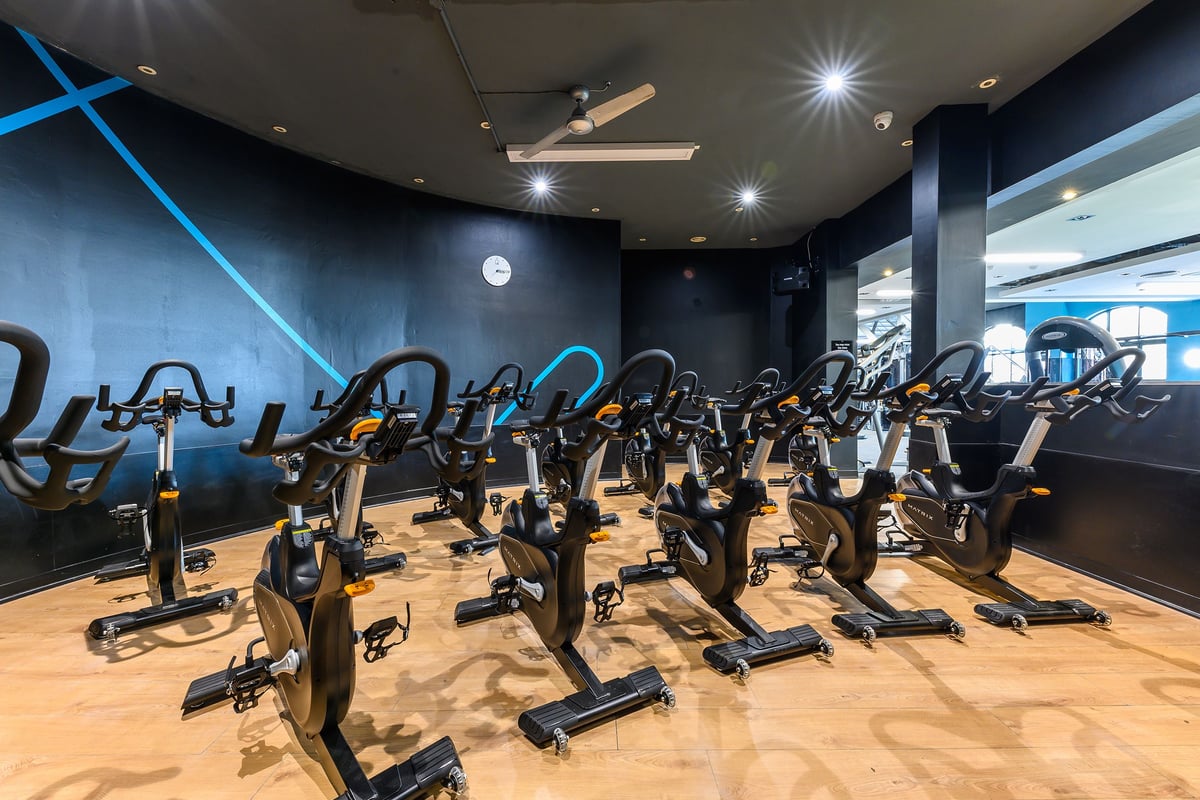 PureGym Norwich Riverside: Rows of stationary cycles, dim lighting, and wall mural depicting nature scenery.