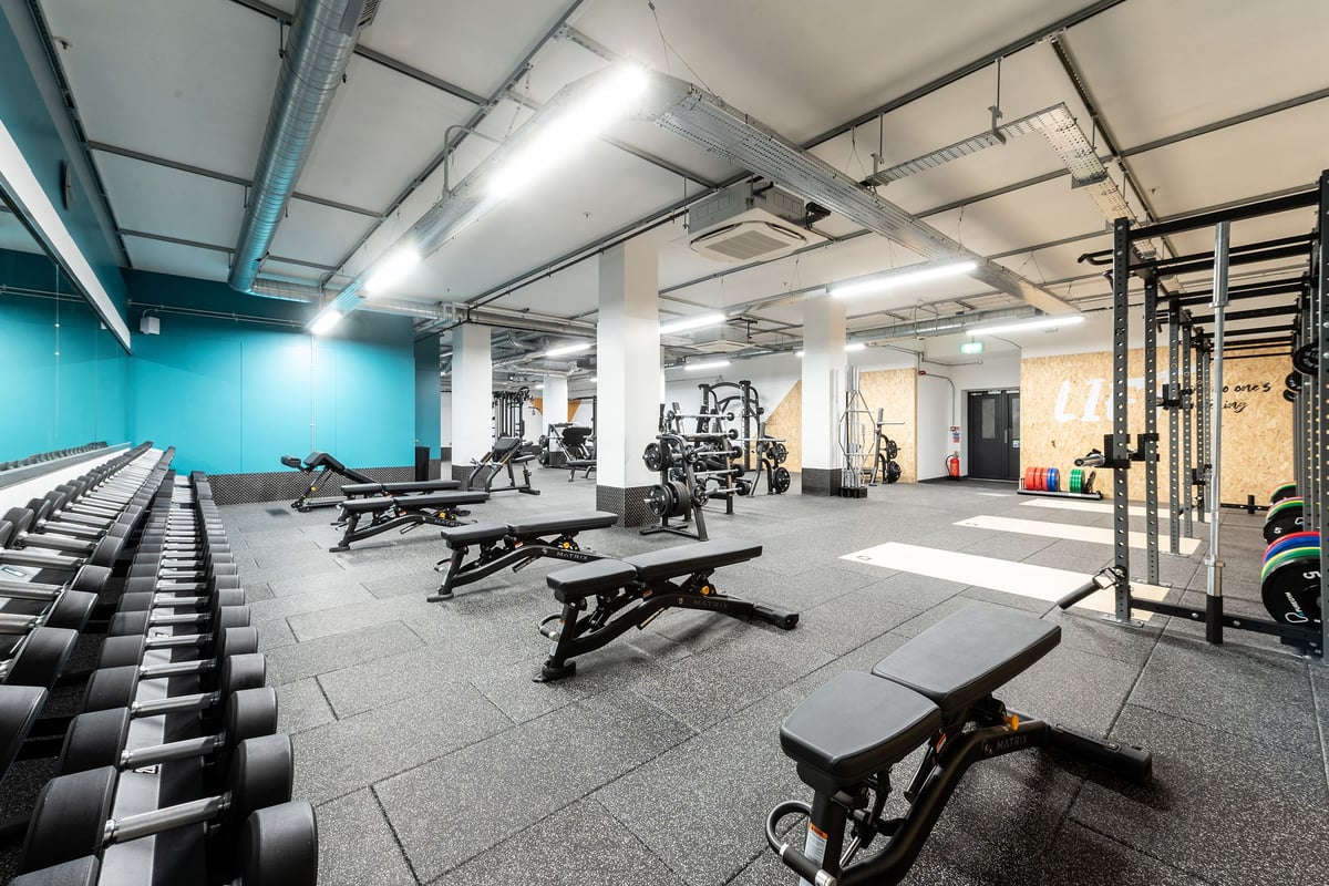 PureGym London Crouch End: Rows of benches, squat racks, free weights, functional training rig, and rubberized flooring.