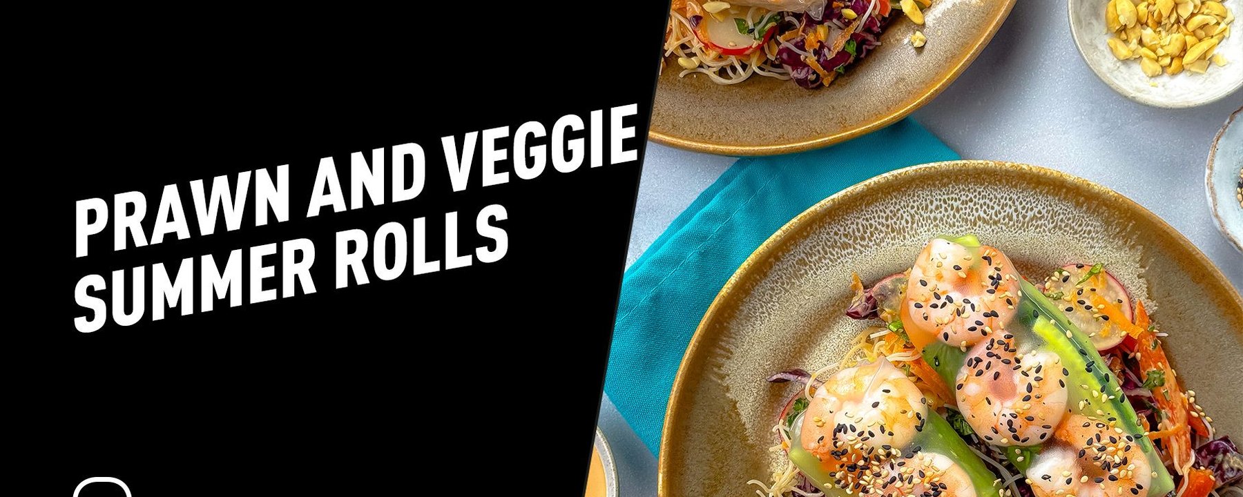 Two plates with prawn and vegetable summer rolls garnished with sesame seeds and peanuts