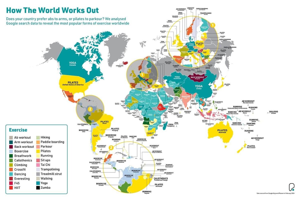 World map showing the most popular forms of exercise by country with a colour-coded key.