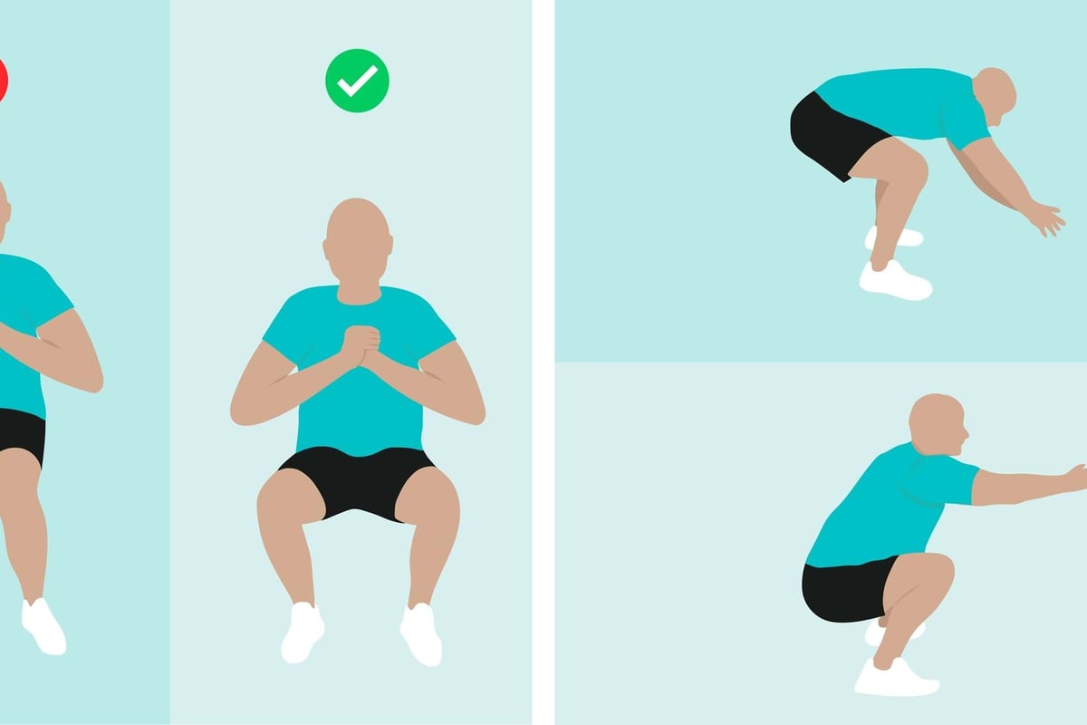 Man demonstrating correct and incorrect squat postures with check and cross marks.