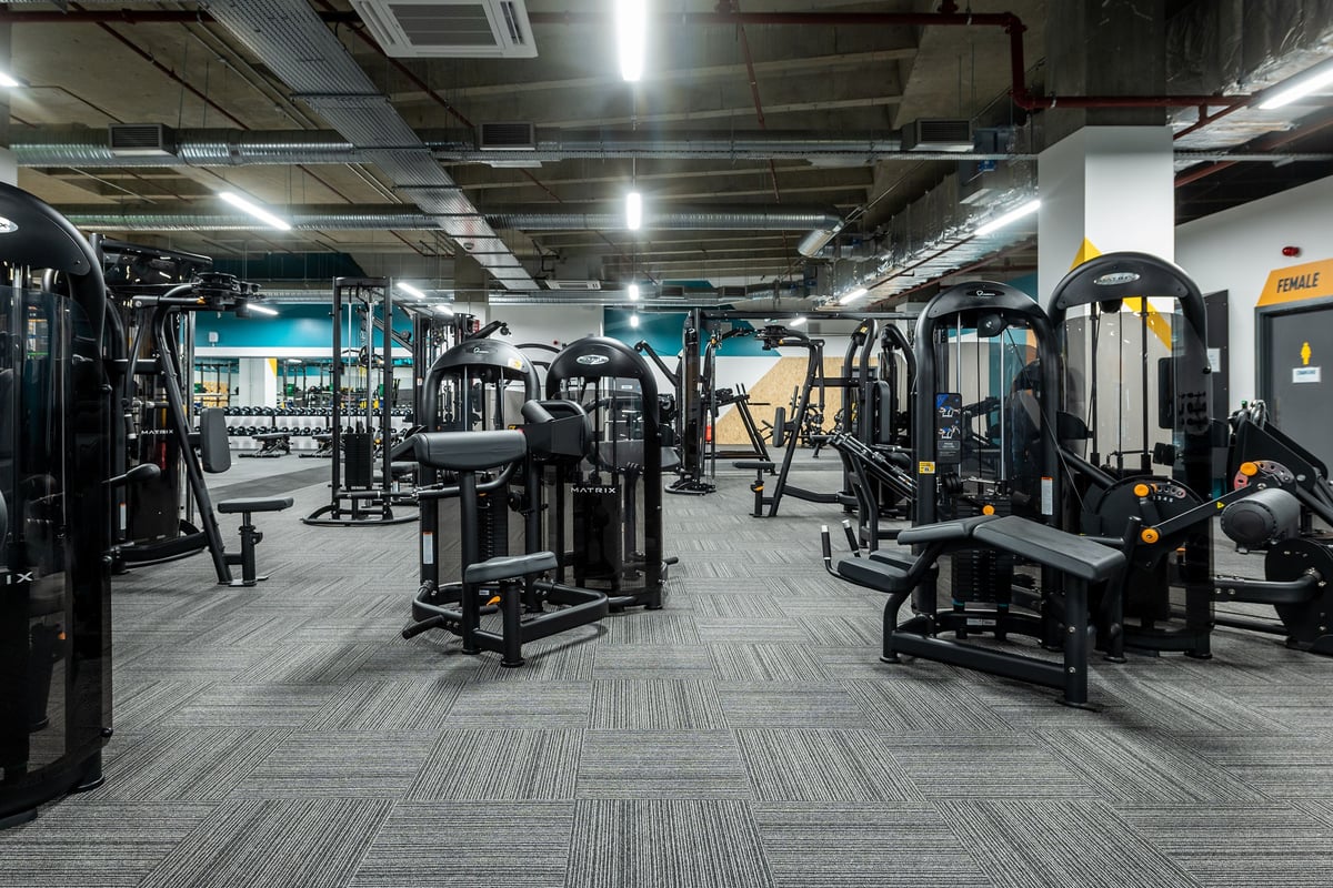 PureGym Uxbridge: Strength training equipment, weight racks, benches, and rubberized flooring in a gym setting.