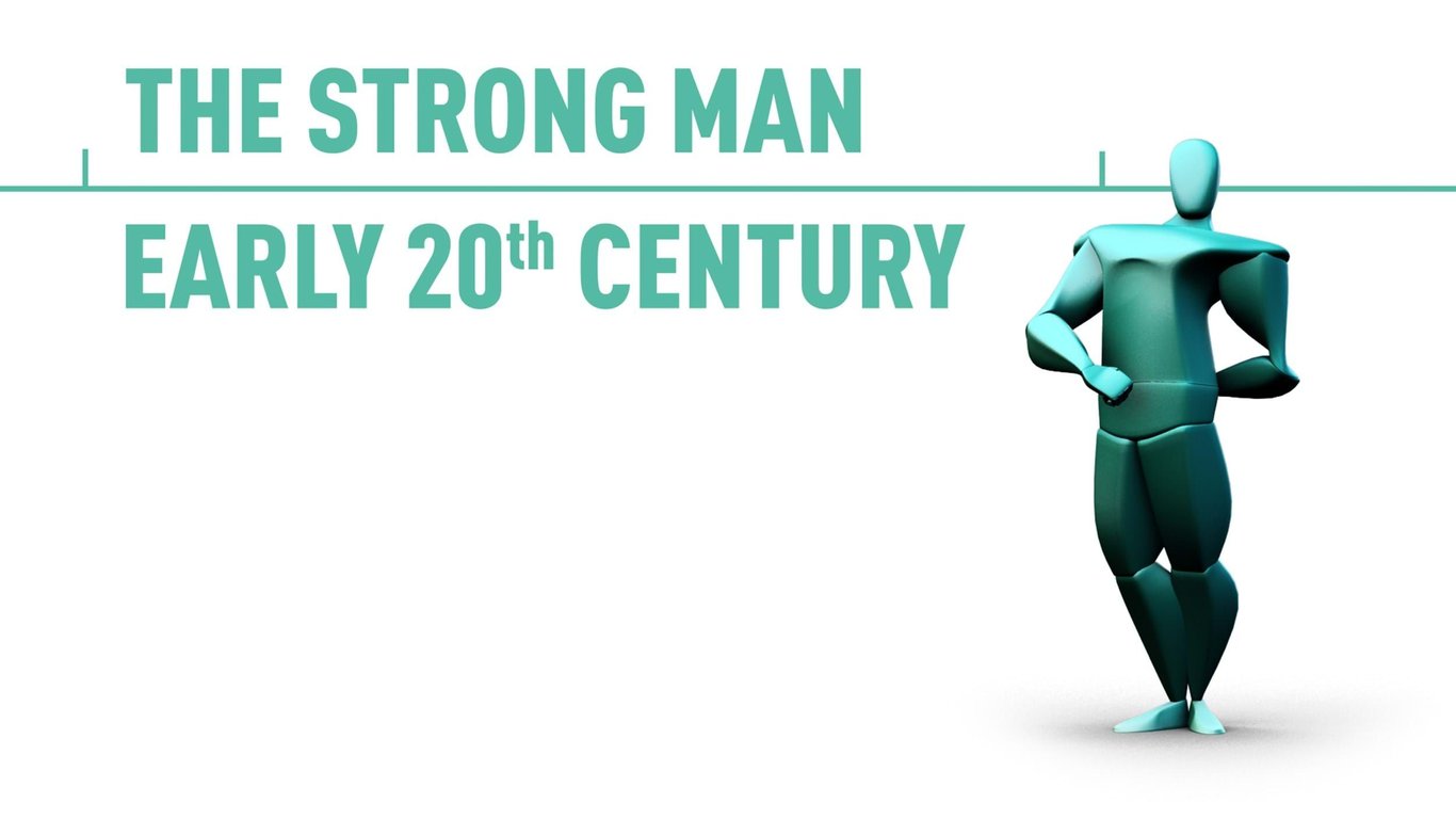 Stylised turquoise figure of a strong man with text The Strong Man Early 20th Century