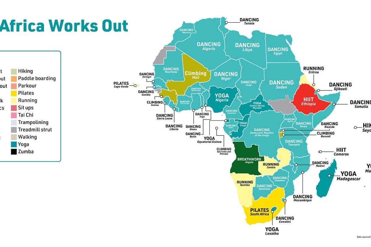 Map of Africa showing popular workout types by country, mostly dancing and yoga.