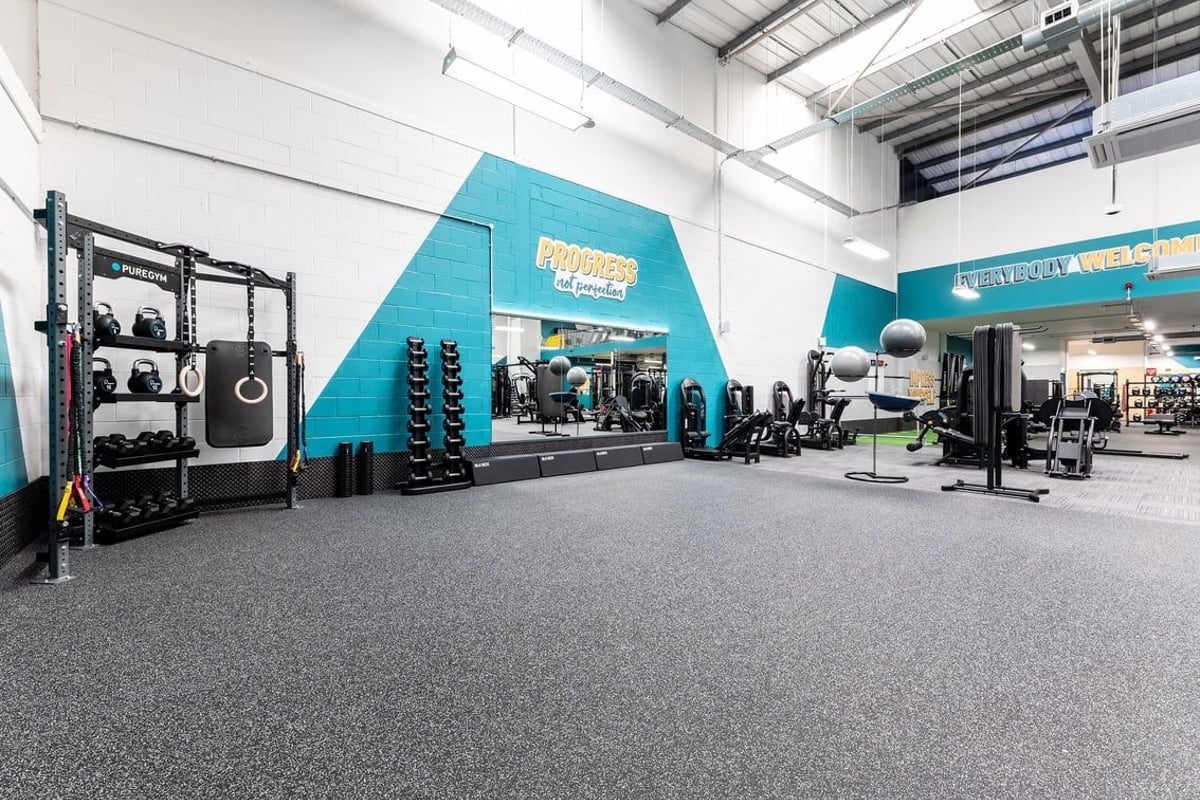 PureGym Dagenham: Turf area, squat racks, weight plates, benches, functional training zone with rubberized flooring.