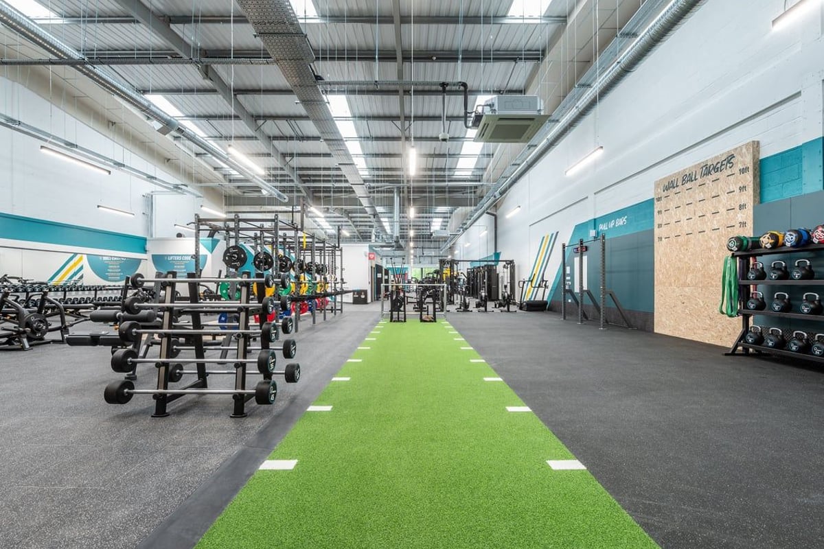 PureGym Thamesmead: Weightlifting racks, free weights, green turf area for functional training, rubberized flooring.