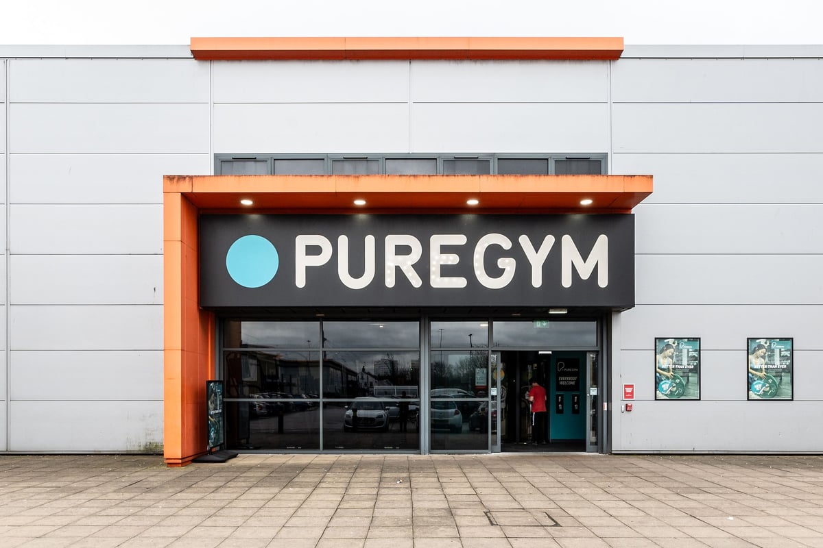 PureGym Leeds Hunslet: The exterior of a gym building with the PureGym logo and entrance.