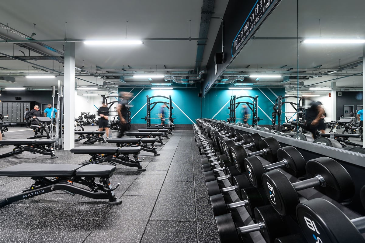 PureGym Romford: Rows of ski rigs, free weights, mirrors along teal walls, and rubberized flooring in a gym.