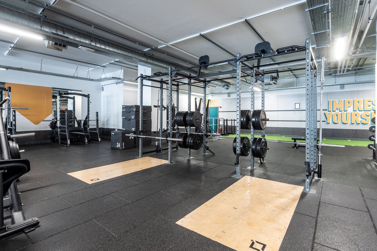 PureGym Stevenage: Functional training rig, squat racks, rubberized floors, weight plates, and resistance bands