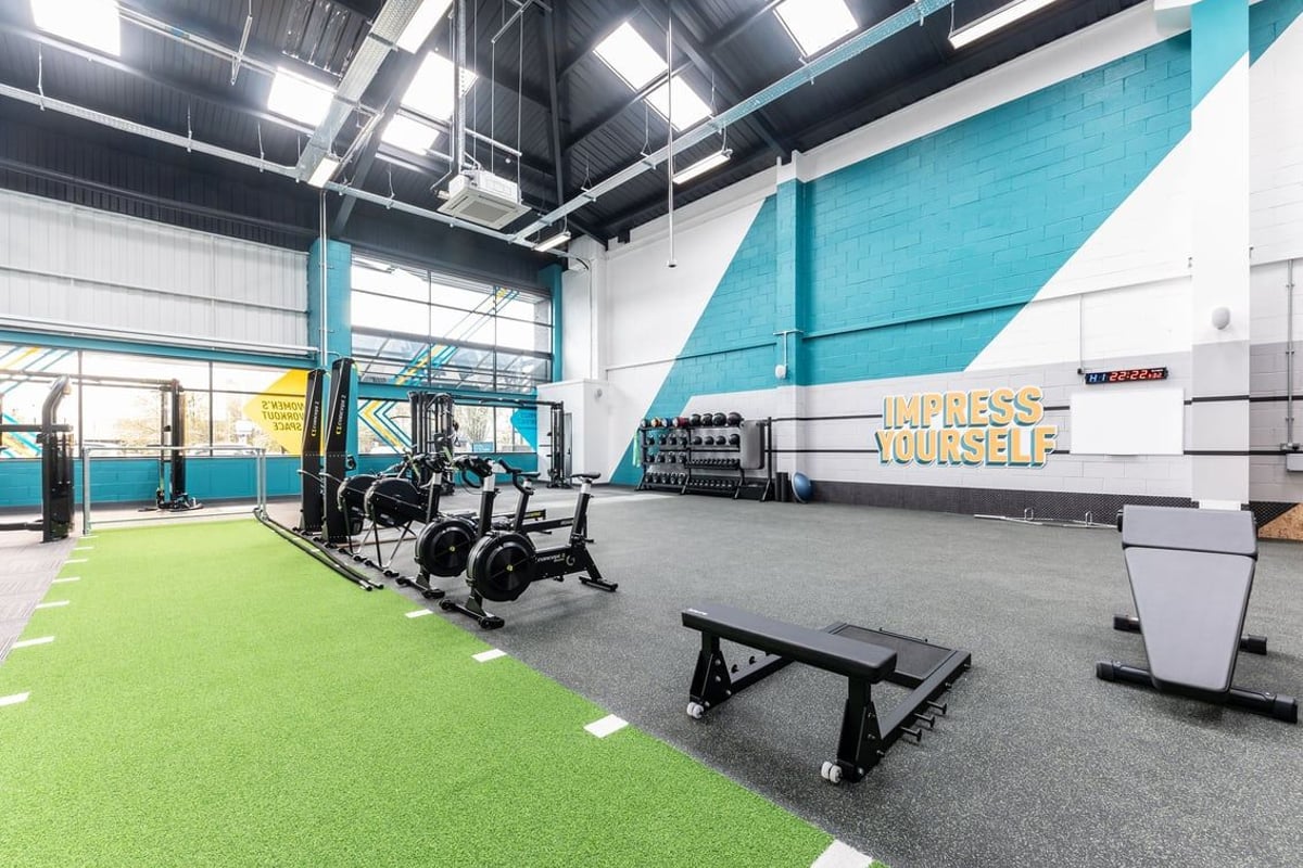 PureGym Dewsbury: Weight sleds, squat racks, benches, green turf, exposed ceilings with piping and lighting.