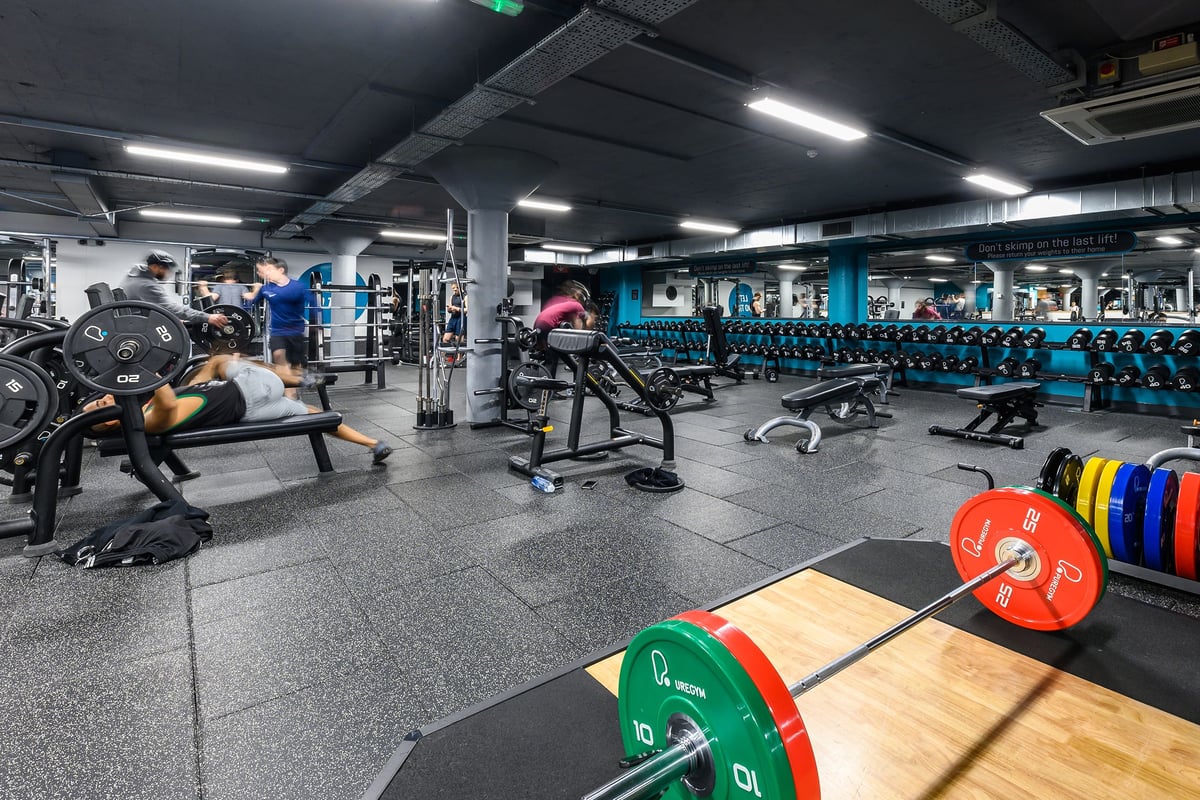 PureGym Nottingham Basford: Weight racks, benches, dumbbells, barbells, and a rubberised floor in a commercial gym setting.