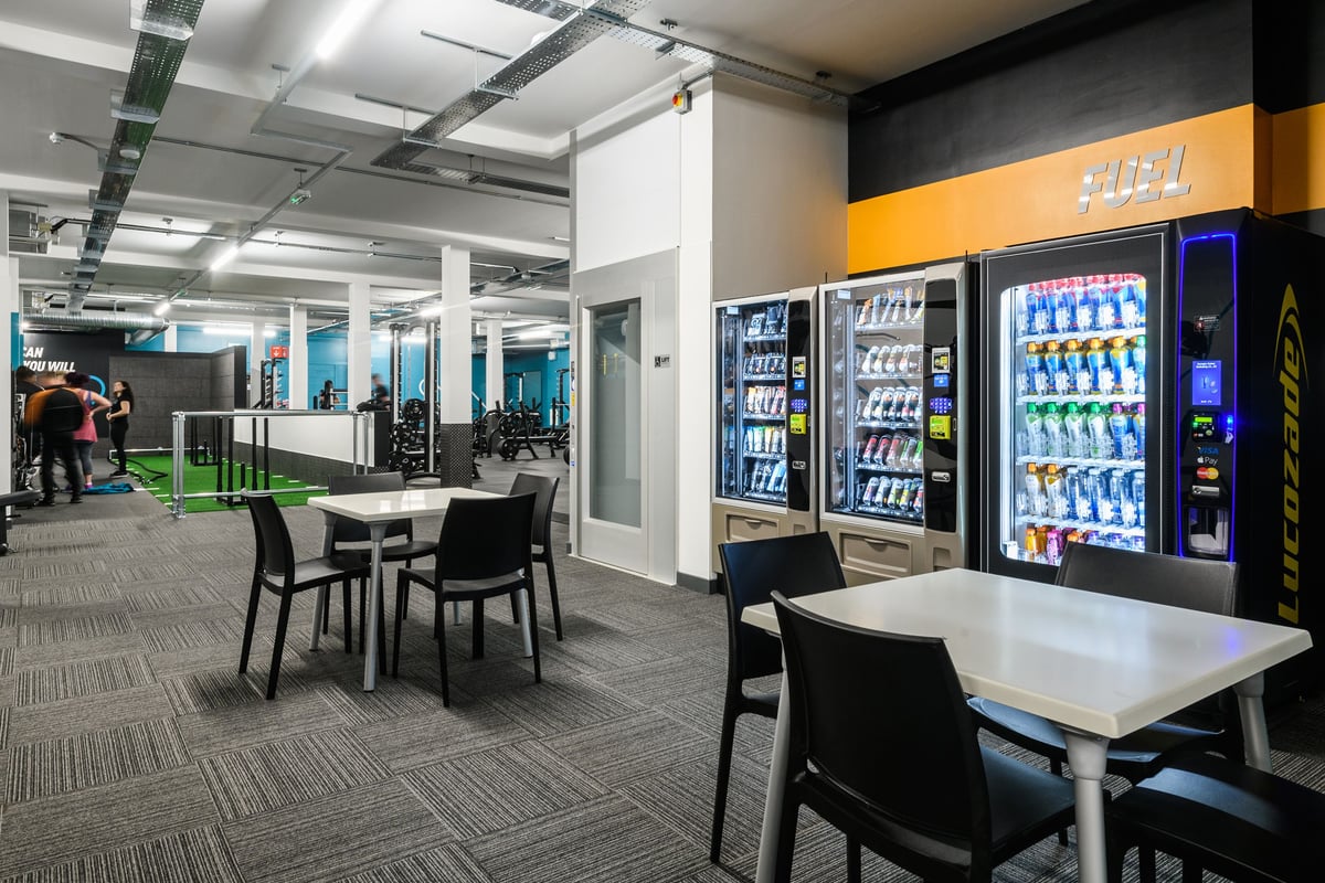 PureGym Bletchley vending machines and seating area
