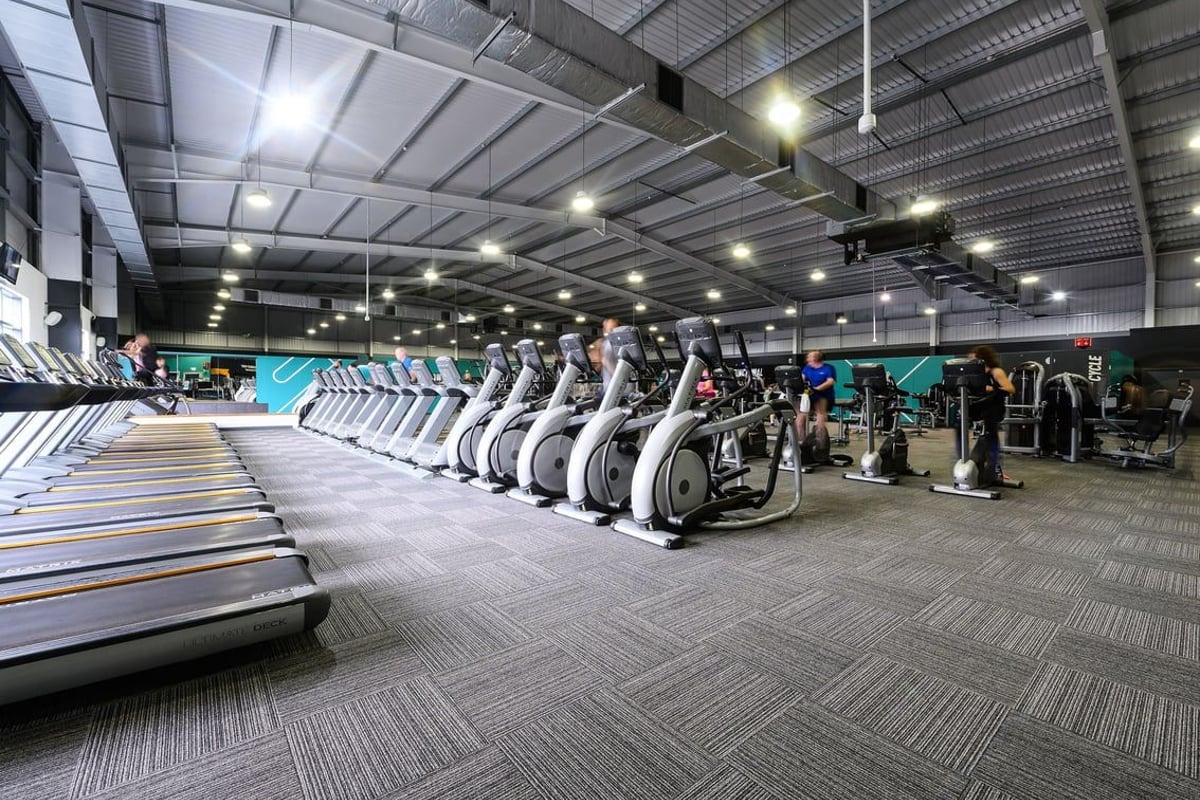 PureGym Widnes: Rows of treadmills, exercise bikes, and elliptical machines in a gym studio.