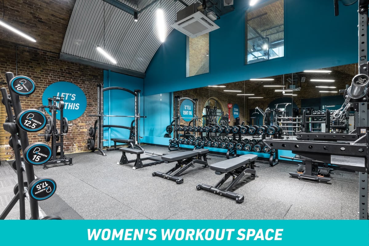 PureGym London Waterloo Women's Workout Space: Free weights area with benches and dumbbells