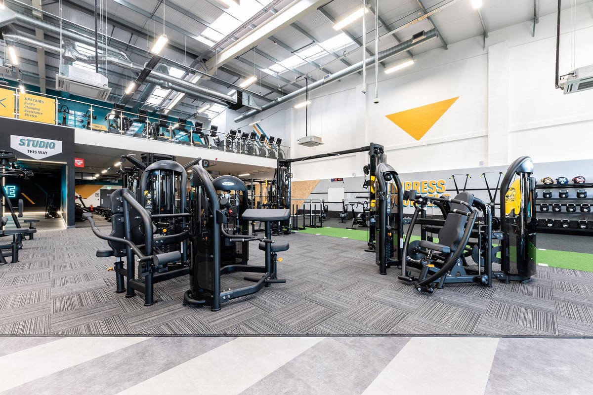 PureGym Consett: Resistance machines, cable crossover stations, free weights, and rubberized gym flooring.