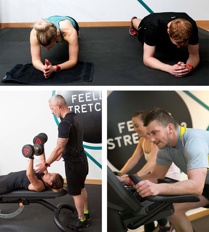 Two people planking, a woman lifting dumbbells with a trainer, and two people cycling indo