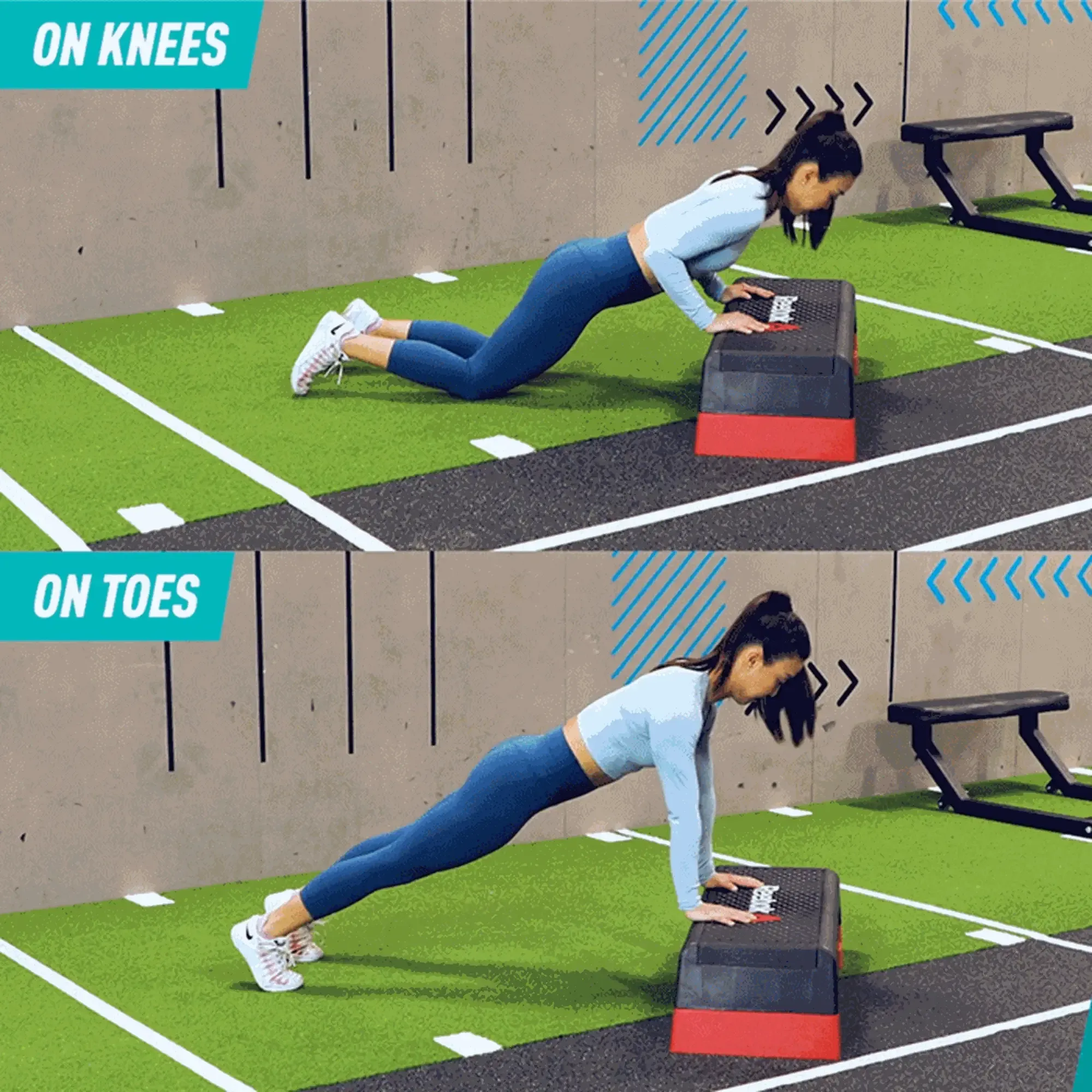 Woman doing incline push-ups on knees and on toes using a step platform