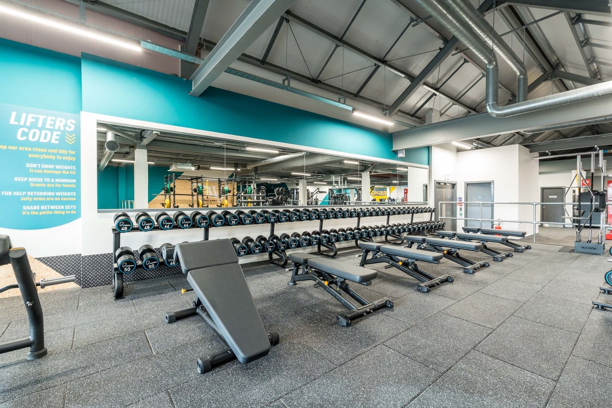 PureGym Skipton dumbbells, benches and large mirror