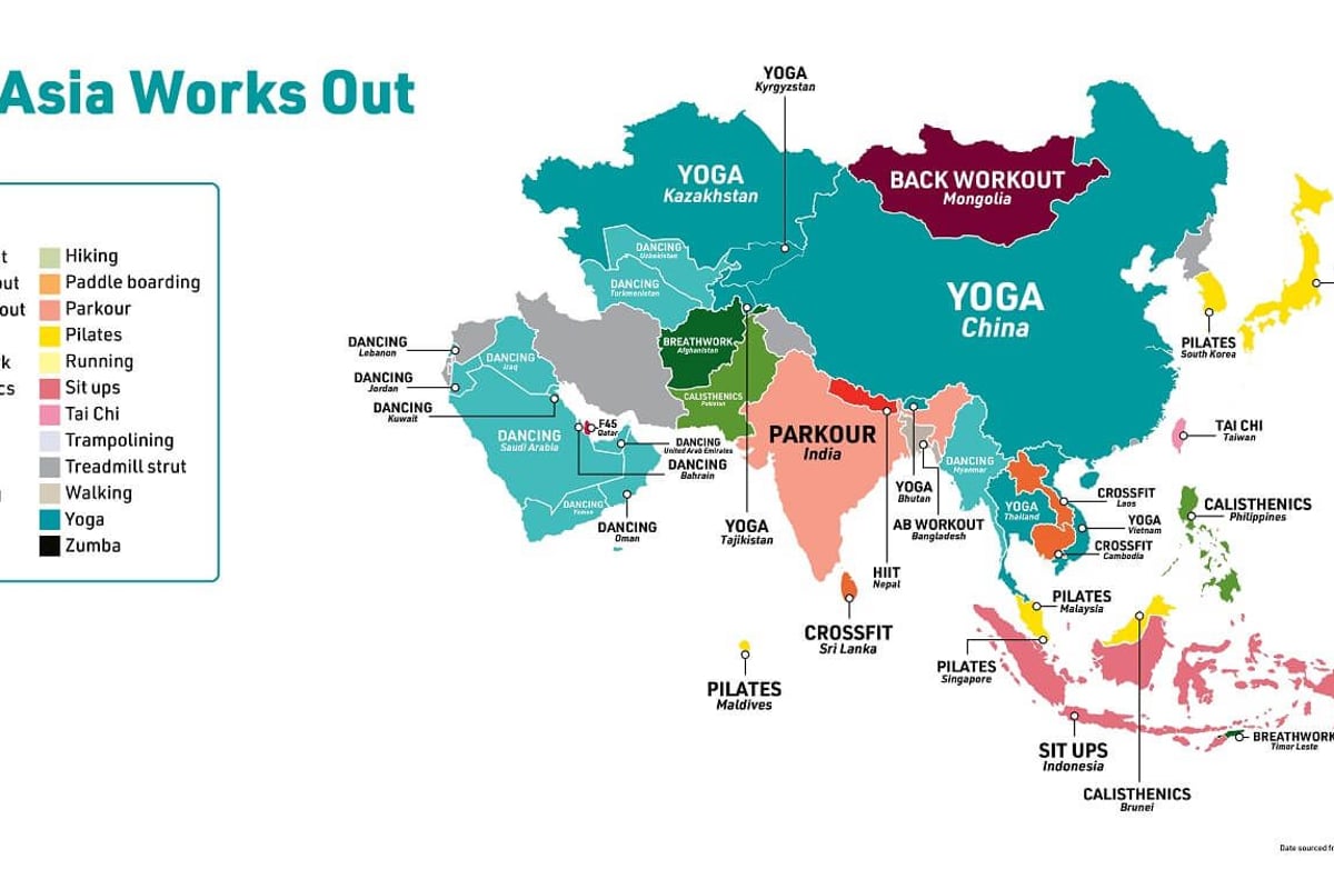 Map of Asia showing the most popular workout types by country with a colour-coded legend.