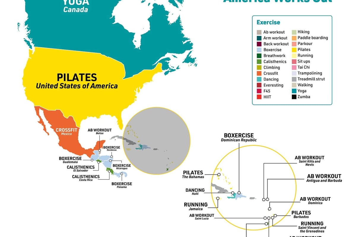 Map showing the most popular exercises in North and Central American countries and islands