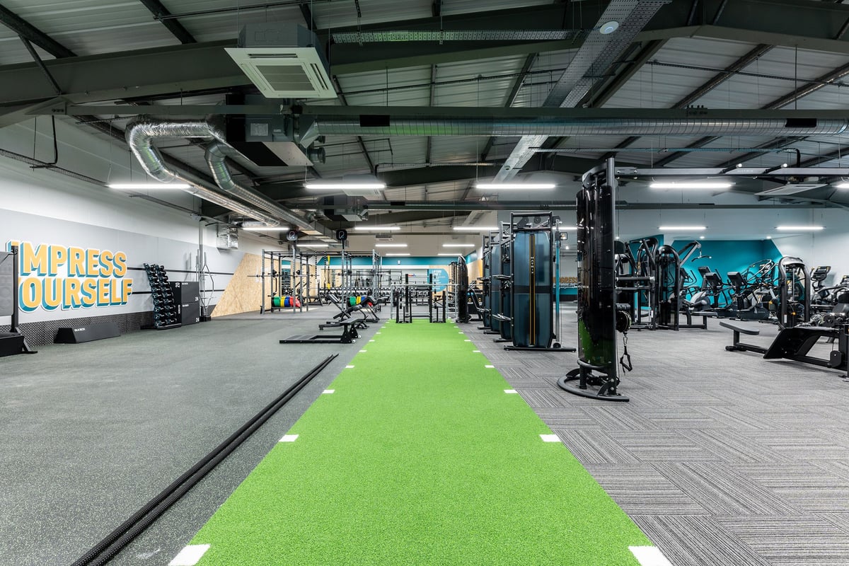 PureGym Alloa: Strength equipment, turf area, weight racks, resistance machines in an open layout gym.