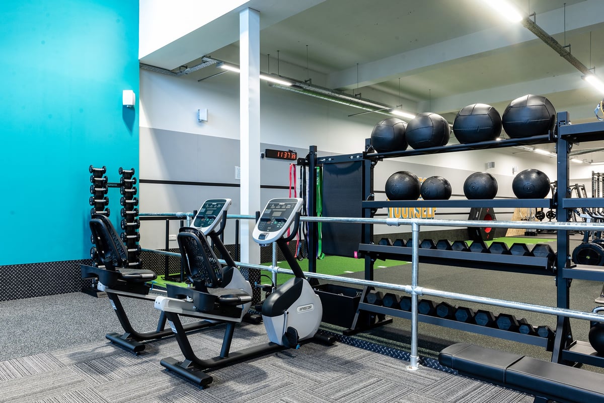 PureGym Edinburgh Craigleith Retail Park: Rowing machines, medicine balls, weight racks with plates in a gym setting.
